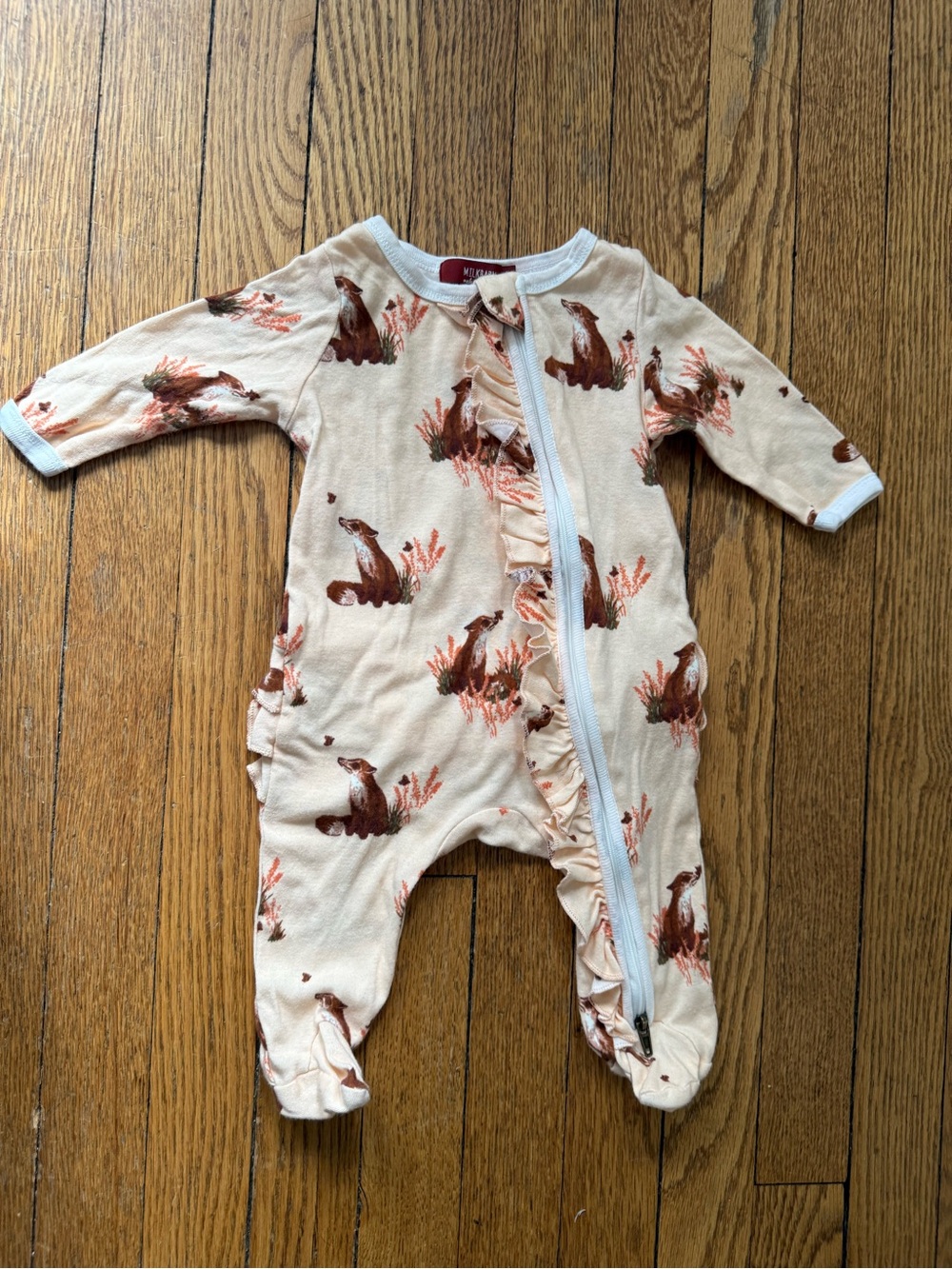 Milkbarn Fox Print Ruffle One-Piece Footie - Size 0-3 Months